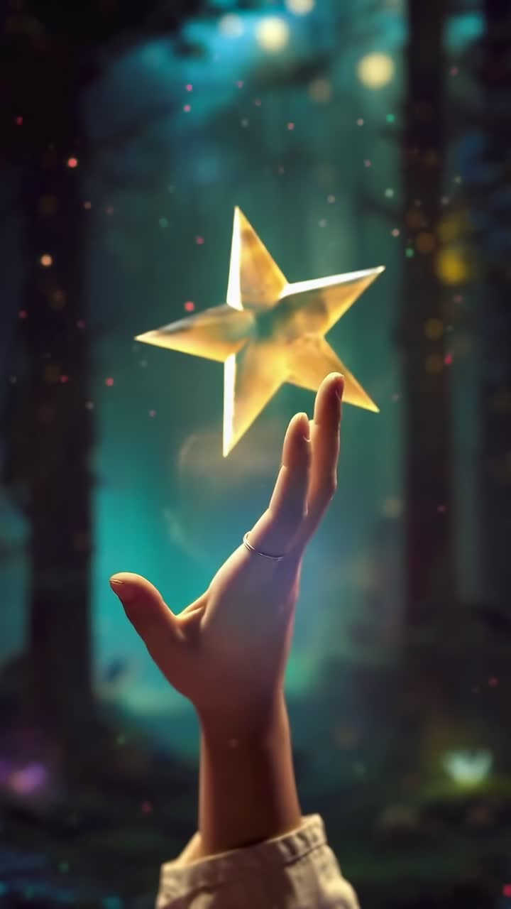 Un concetto video mistico che raffigura una mano che cerca di raggiungere una stella luminosa in una foresta magica