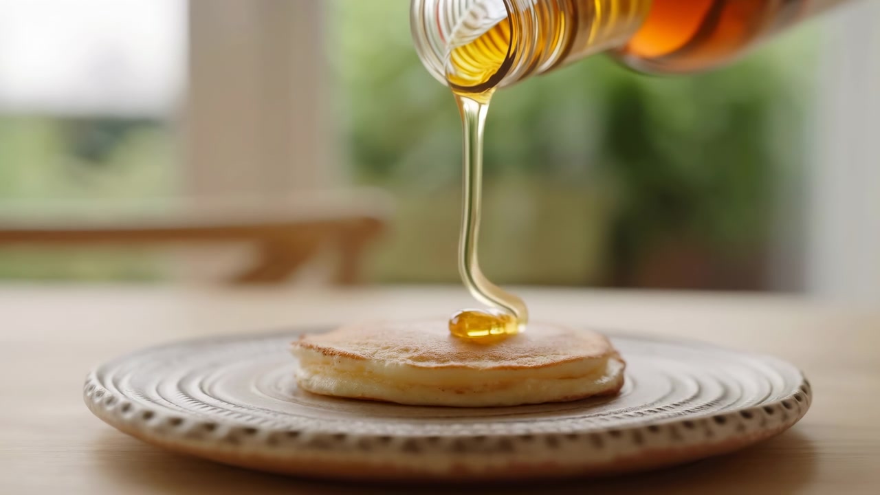 Sciroppo continuo che cola dalla bottiglia su un singolo pancake dorato poggiato su un piatto di ceramica in rilievo, creando pozze lucide e increspature sulla superficie accanto alla luce soffusa della finestra in un ambiente caldo e casalingo