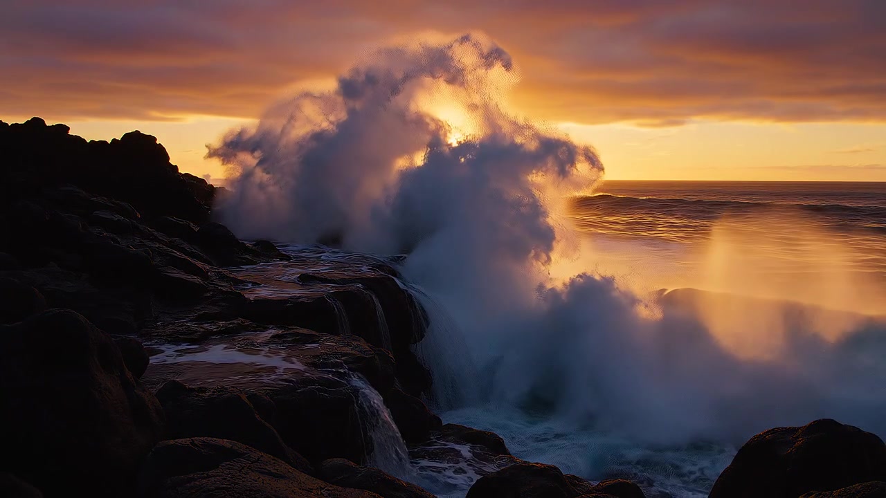Ocean waves crashing against rocky shore during golden sunset