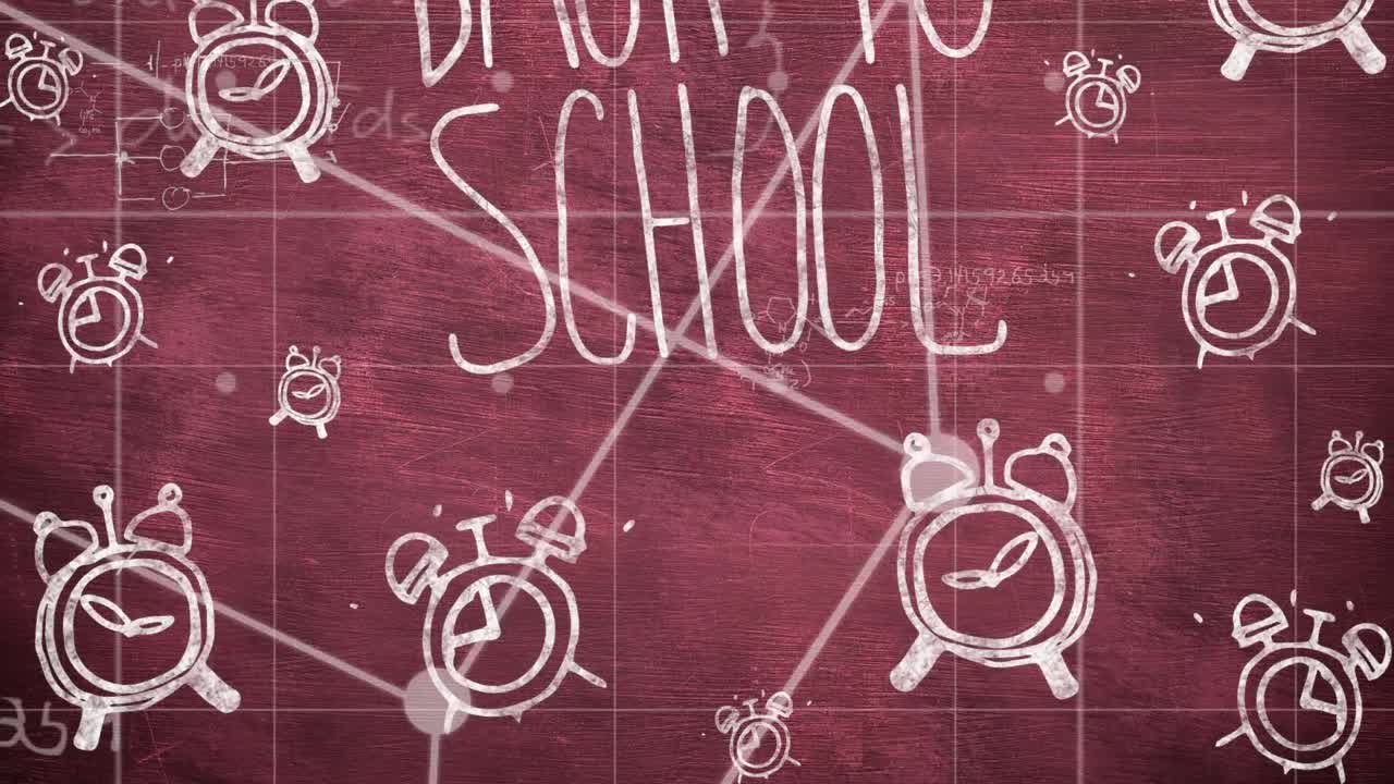 학교로 돌아가는 텍스트와 빨간색 배경 위에 떨어지는 알람 시계의 애니메이션