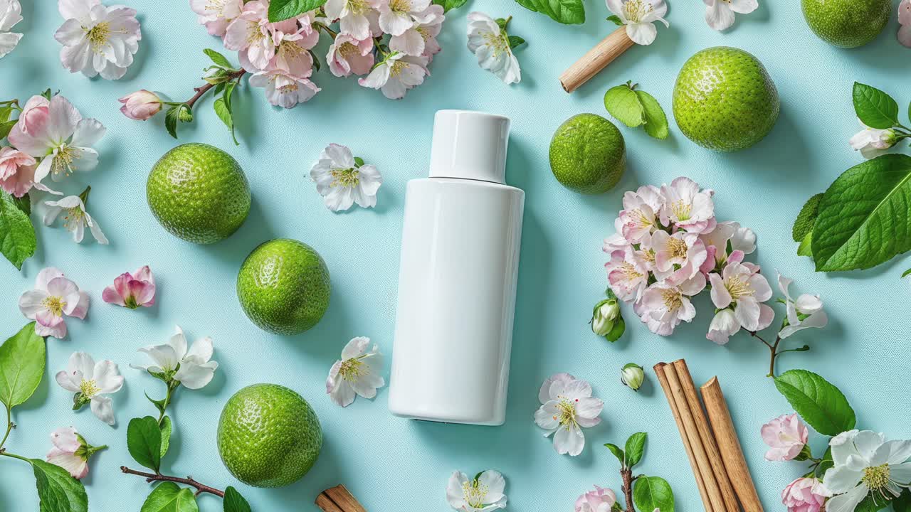 꽃과 라임과 함께 봄 미용 제품 모