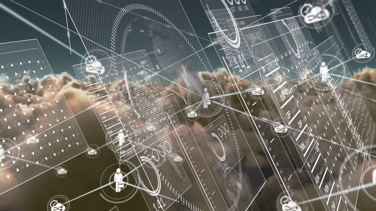 구름이 있는 하늘 위의 연결 네트워크와 함께 데이터 처리의 애니메이션