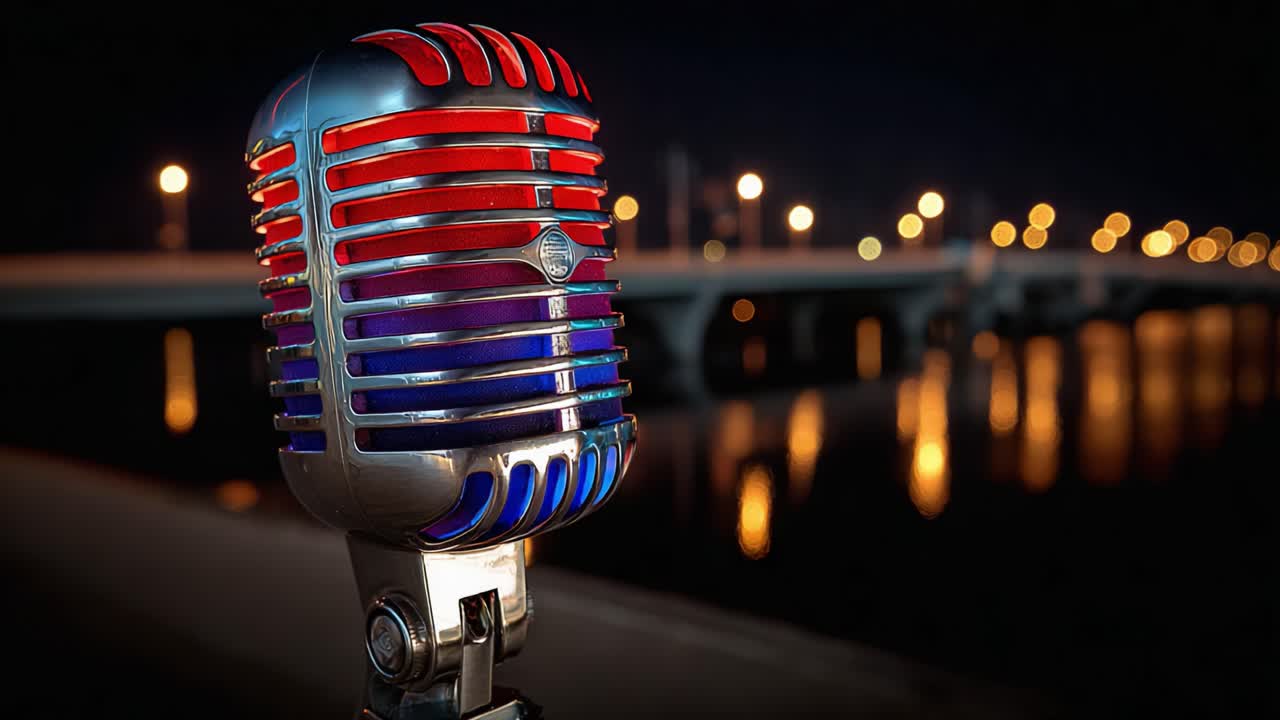 Microfono vivace su uno sfondo notturno della città: primo piano di un iconico microfono retrò che riflette le luci e l'atmosfera urbana