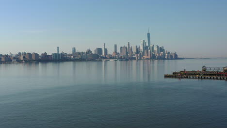 a drone view of the hudson river from the nj side early in the morning