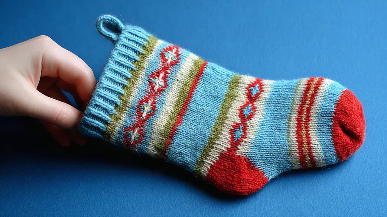 A Cozy Hand-Knitted Sock with Colorful Patterns and Textures, Perfect for the Holiday Season and Ideal for Gift-Giving and Warmth