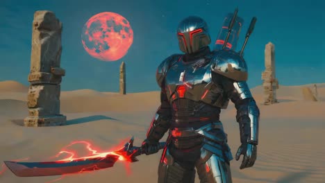 armored warrior with glowing sword in a desert landscape under a red moon
