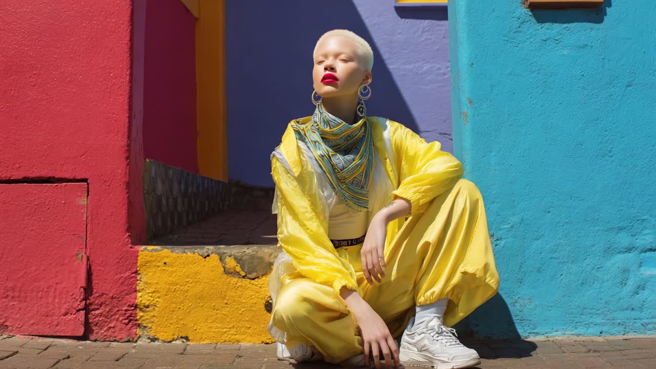 A striking fashion moment captured in vibrant colors, showcasing a model dressed in a bright yellow outfit with striking poses against a backdrop of bold blue and red architectural elements