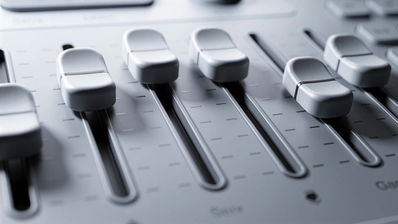 Camera adjusting focus, five white fader caps sliding on mixing console in studio, showing markings