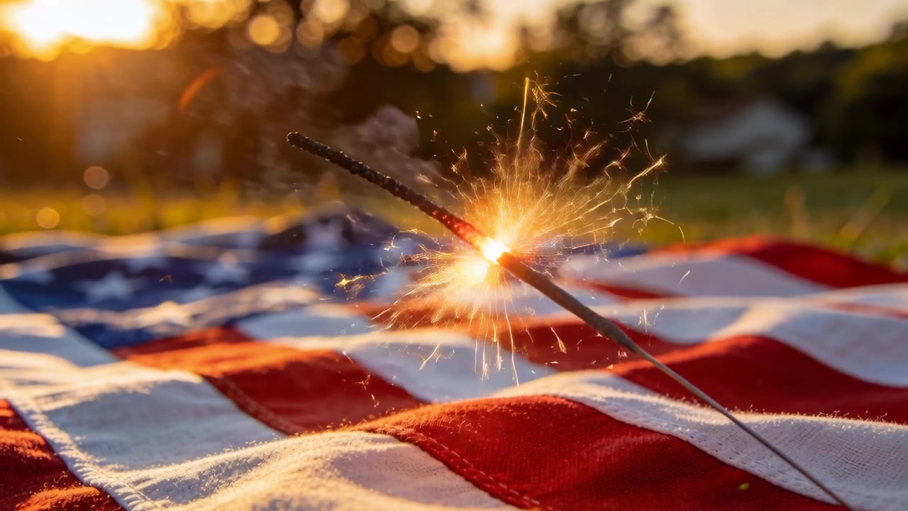 Encendiendo una bengala de mano que toca una bandera americana sobre el césped al atardecer, emitiendo chispas y humo