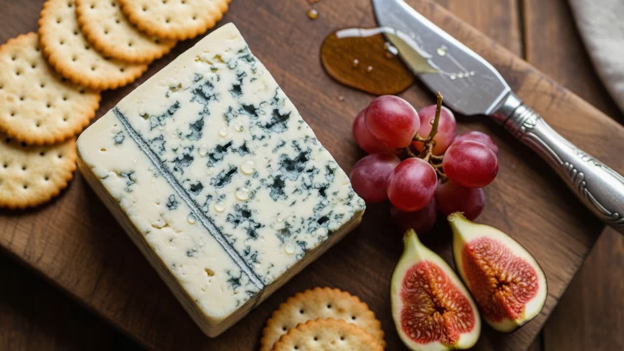 A Delicious Arrangement of Blue Cheese, Crackers, Grapes, and Fresh Figs Served on a Wooden Board, Perfect for Any Gourmet Snack or Elegant Presentation
