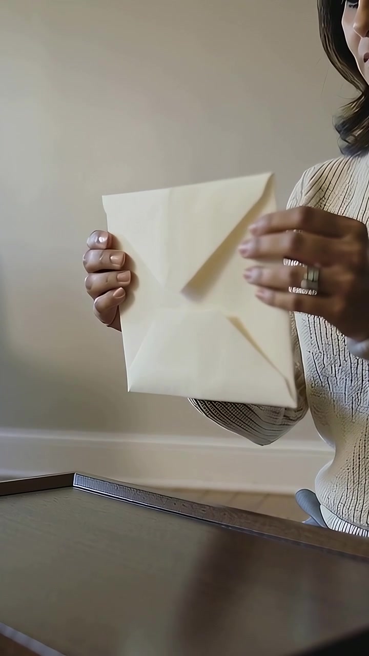 Vertical video: Placing envelope, woman in sweater opening to read on table, rings, copy space