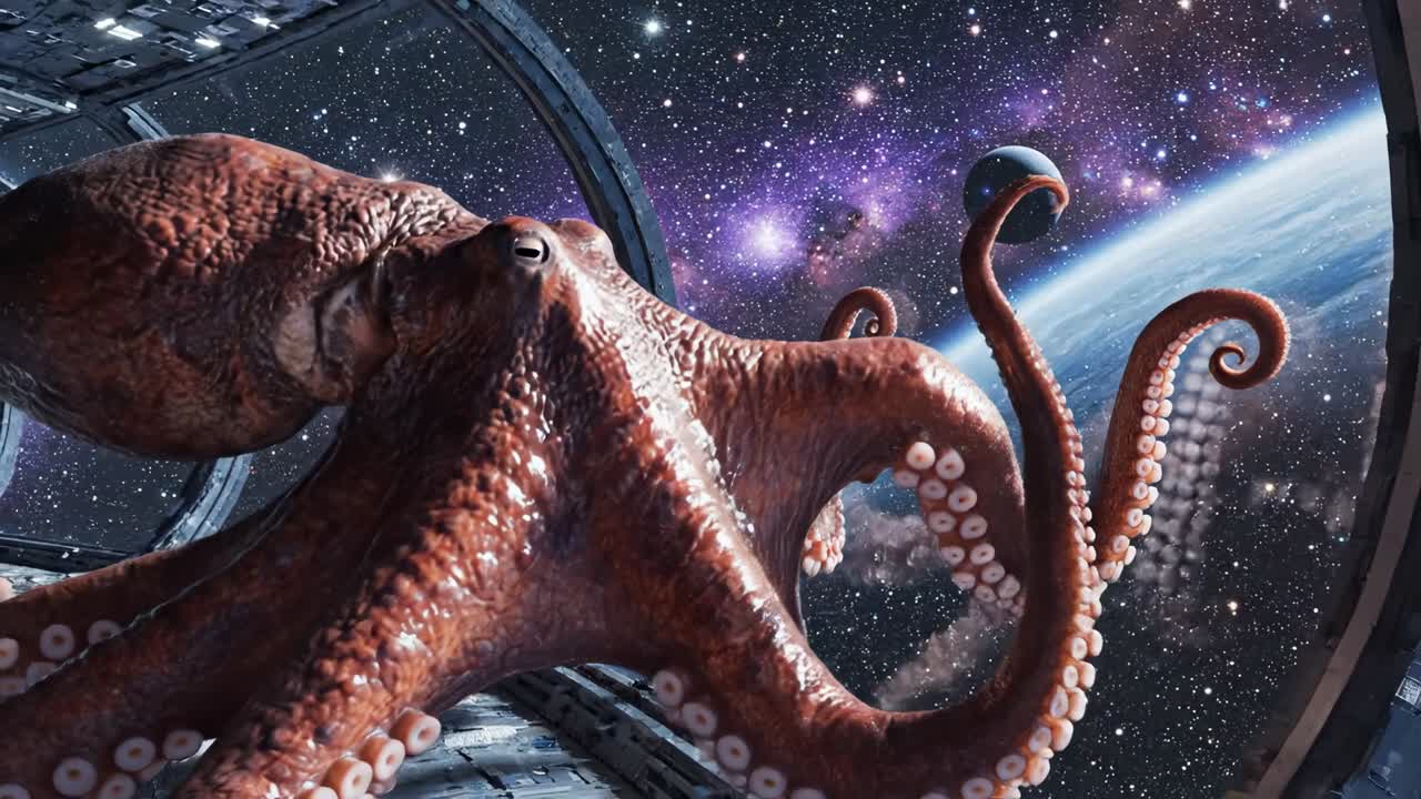 Piovra gigante in una stazione spaziale futuristica con vista sulla Terra