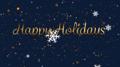 Animation-of-happy-holidays-over-golden-dots-snow-on-navy-background