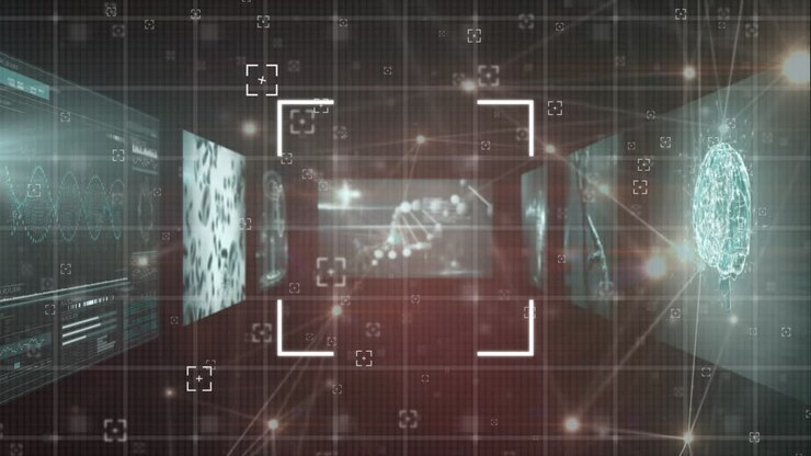 Animation of digital data processing and digital interface over dark background