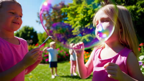 children playing with bubbles in a garden