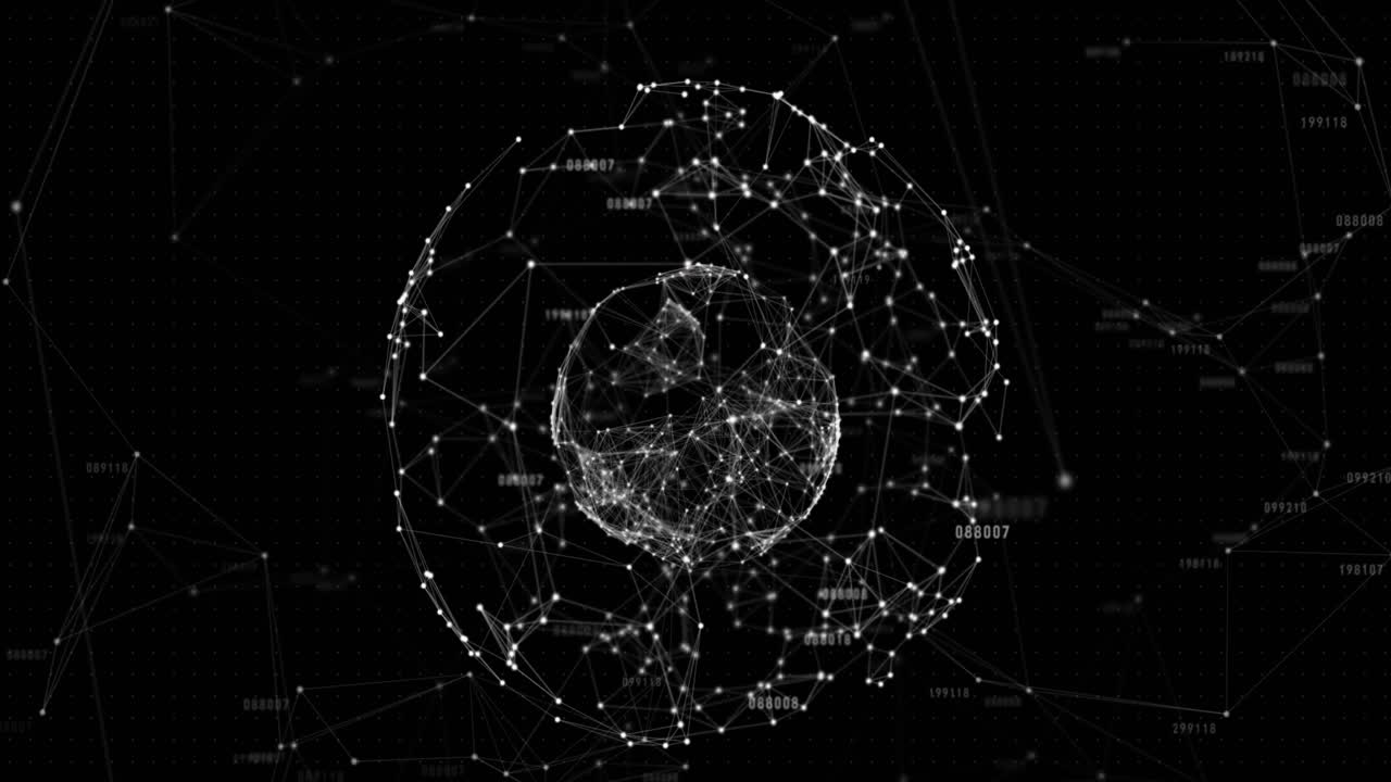 Animazione di un globo con rete di connessioni e elaborazione dati
