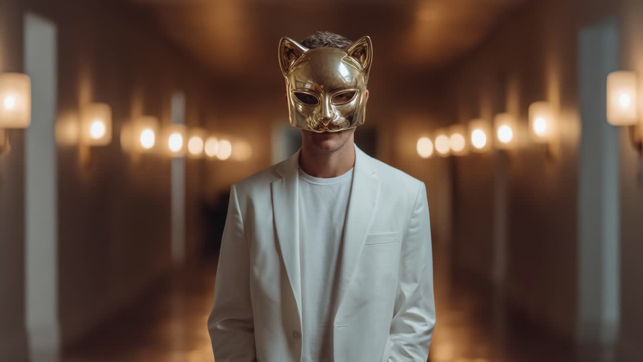 A Mysterious Figure Dons a Golden Cat Mask in a Dimly Lit Hallway, Creating an Enigmatic Atmosphere with Elegant Attire and Soft Lighting