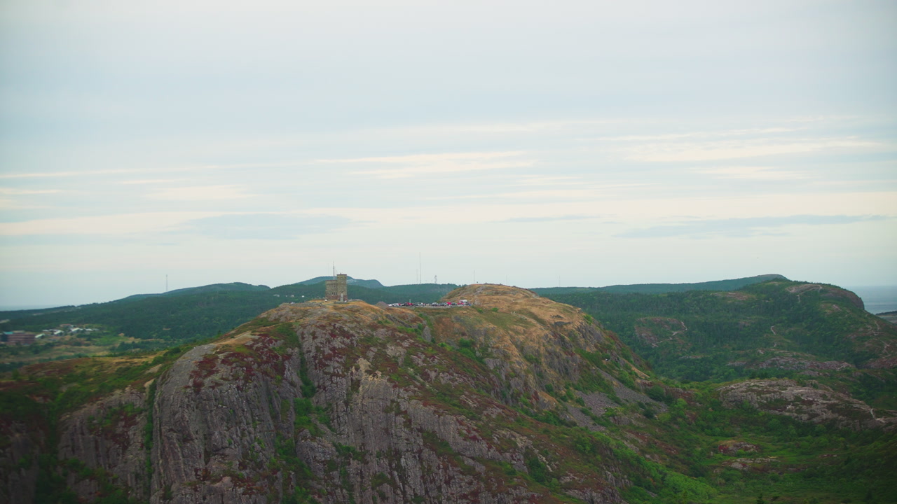 Aerial view of castle on top mountaintop on a cool, overcast day. Signal Hill Newfoundland. Canada.