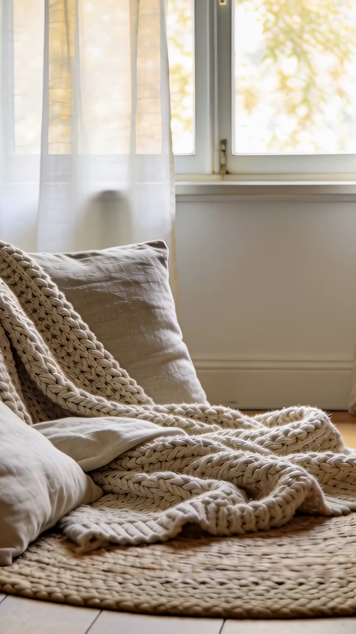 Camera pulling back, cream blanket and linen pillows on jute rug, curtains moving, showcasing decor