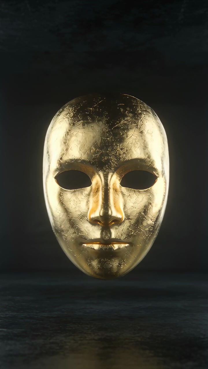Video verticale: Luci di contorno che si spostano proiettando bagliori su una maschera d'oro per mostrare la texture sul pavimento dello studio.