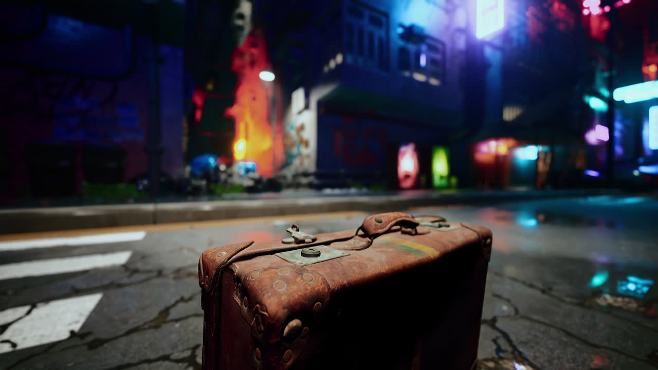 밤에 사이버 크 거리에서 빈티지 가방