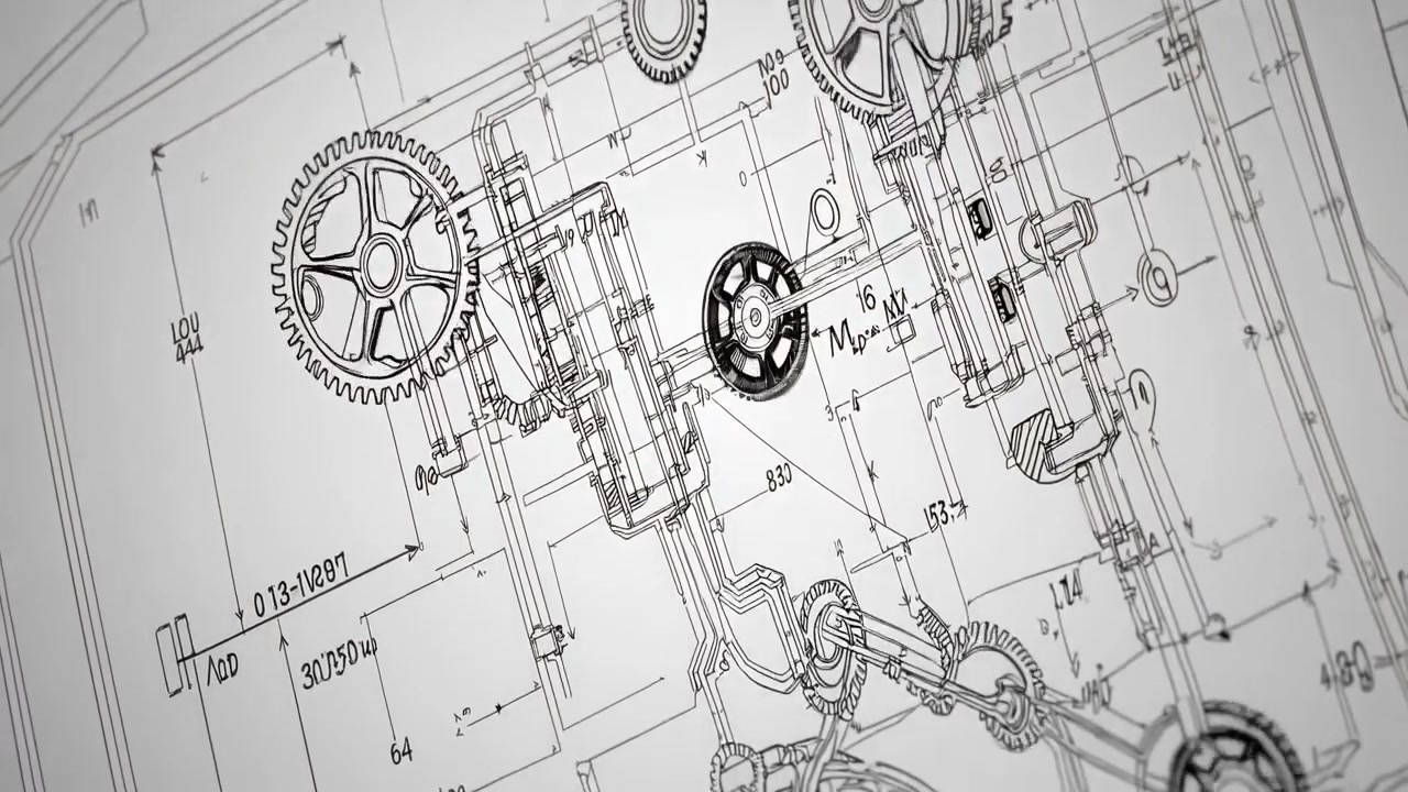 Animated Blueprint with Rotating Gears and Mechanical Elements