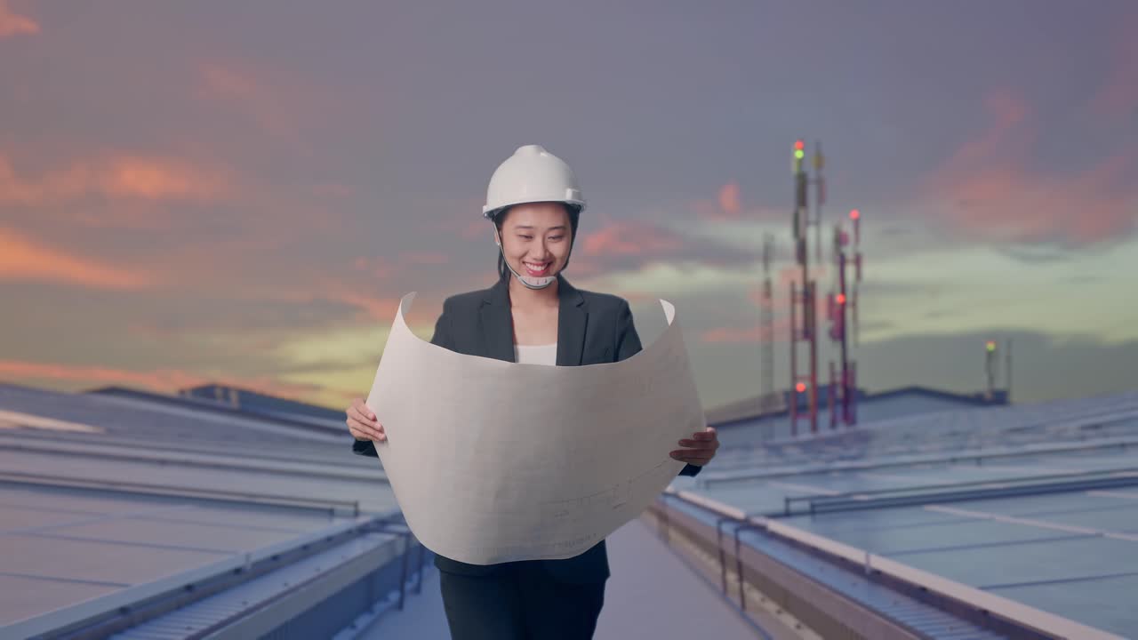 Set forfra af asiatisk forretningskvinde, der kigger på tegninger i hænderne, mens hun går på industrielle tagmonterede solpaneler.