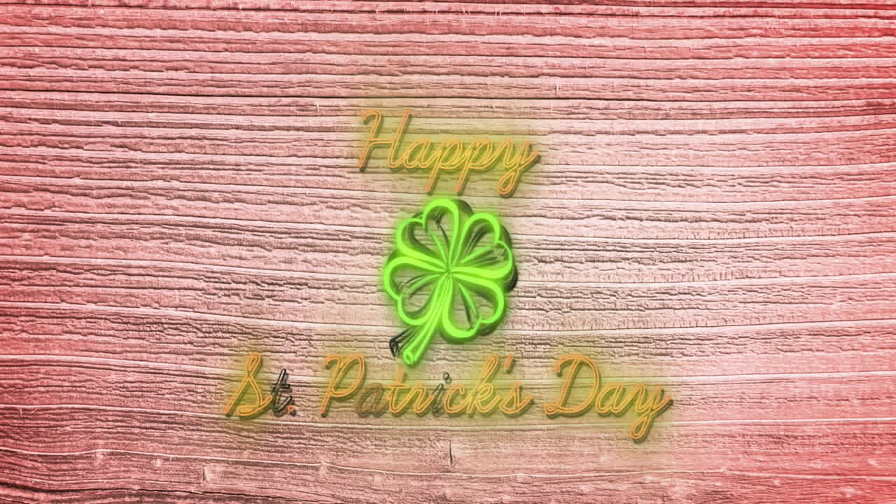 Happy saint patrick's day text animation over wooden background with green clover
