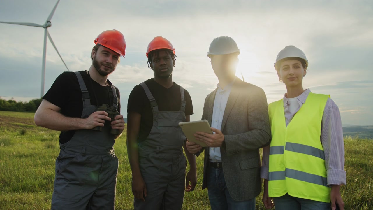Diverse team of engineers in hard hats and safety vests collaborating at a wind farm site with