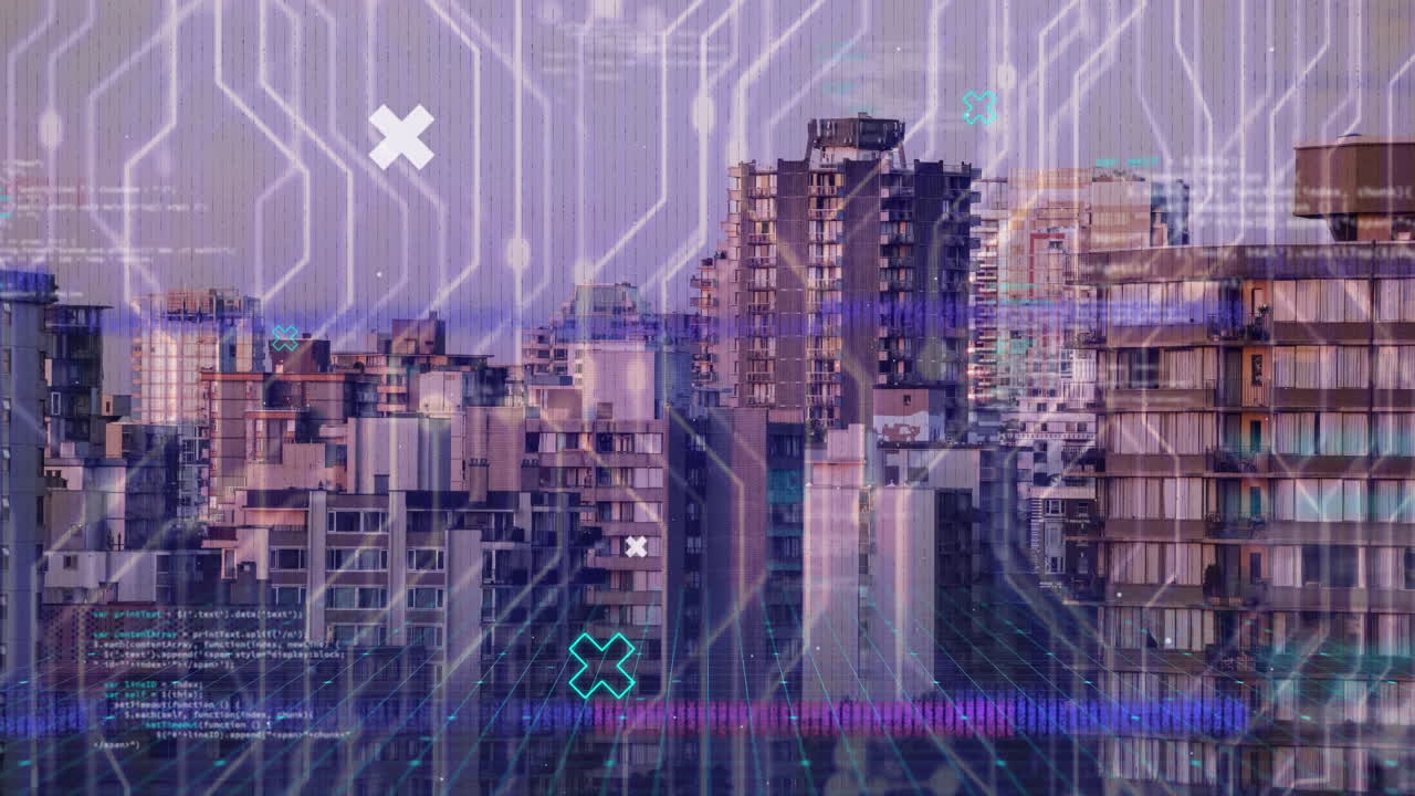 데이터 처리, 도시 풍경 및 연결의 애니메이션