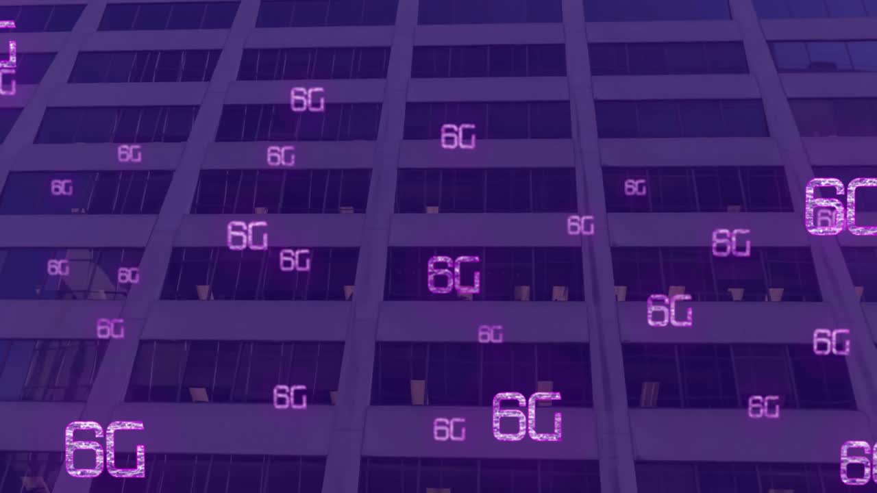 도시 풍경 위의 6g 텍스트의 애니메이션