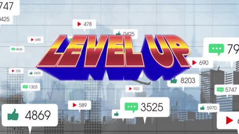 Animation-of-level-up-text-and-icons-over-digital-cityscape