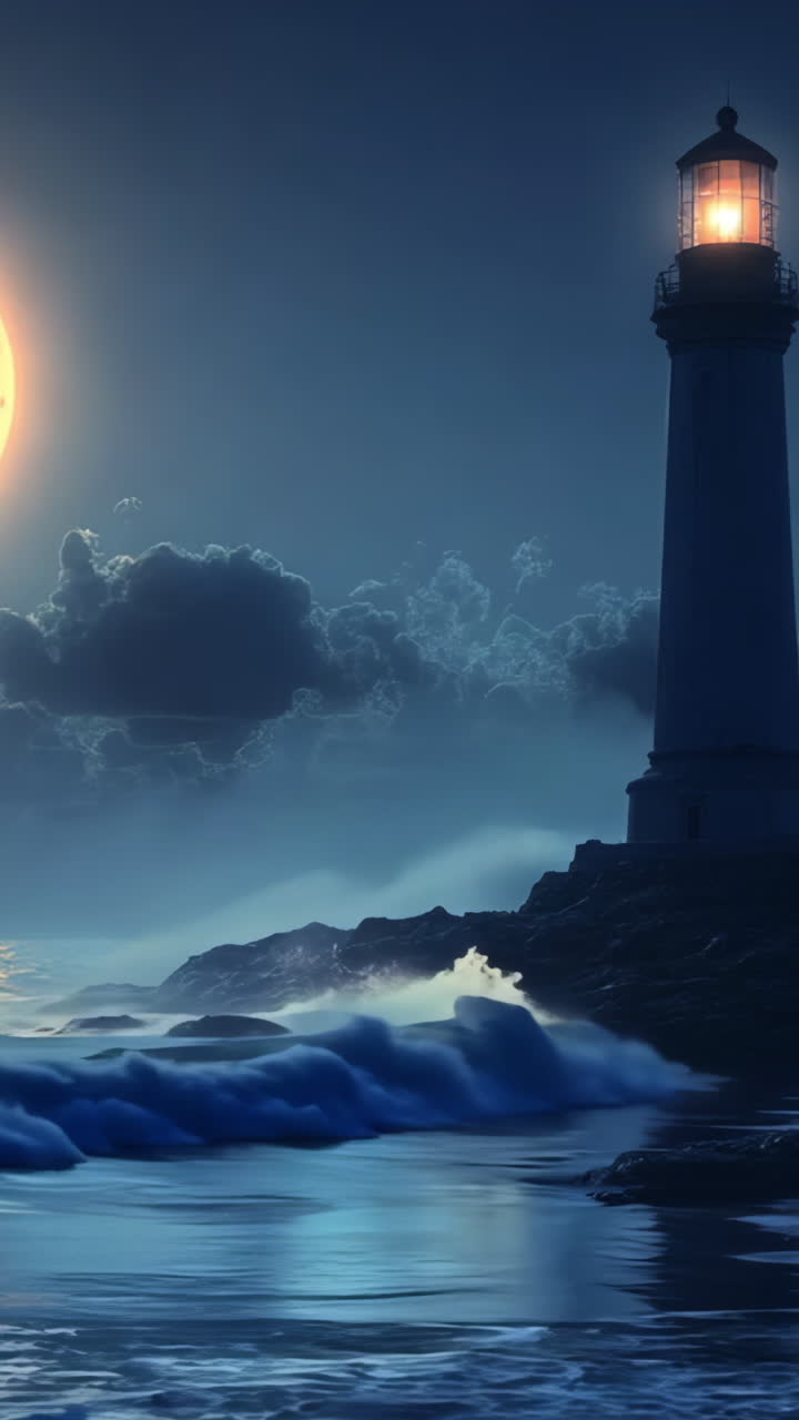 A lighthouse is on a rocky shoreline with a large full moon in the sky ...