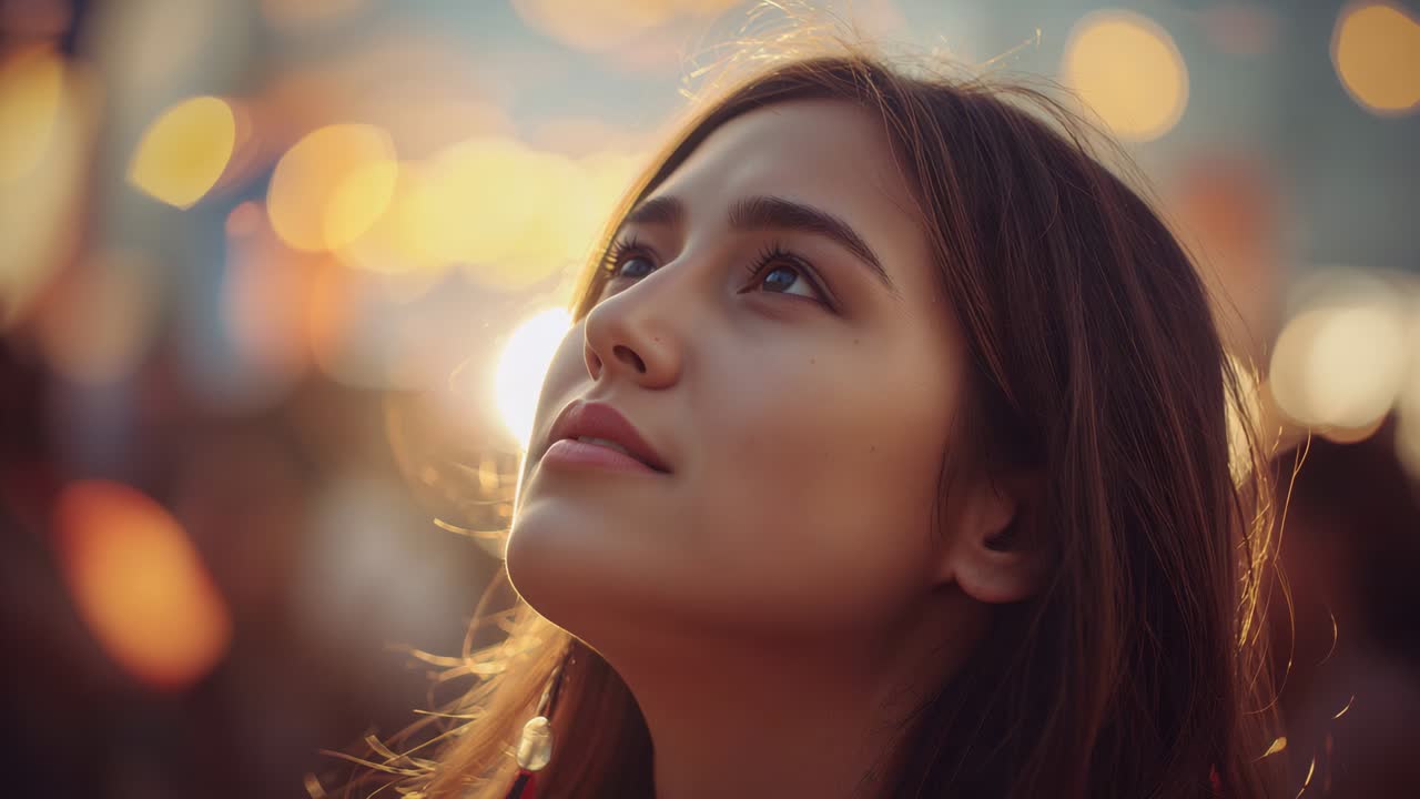 Reacting to bright glare, adult female closing eyes, lowering gaze at evening plaza with warm bokeh