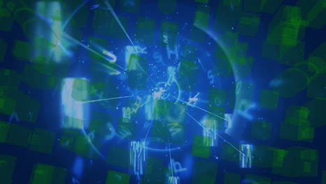 animation of digital data blocks forming circular pattern in blue and green