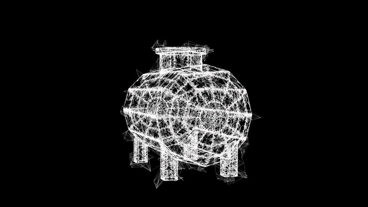 Serbatoio di petrolio per lo stoccaggio di materiali infiammabili e petrolio. Tecnologia a mesh wireframe low poly.