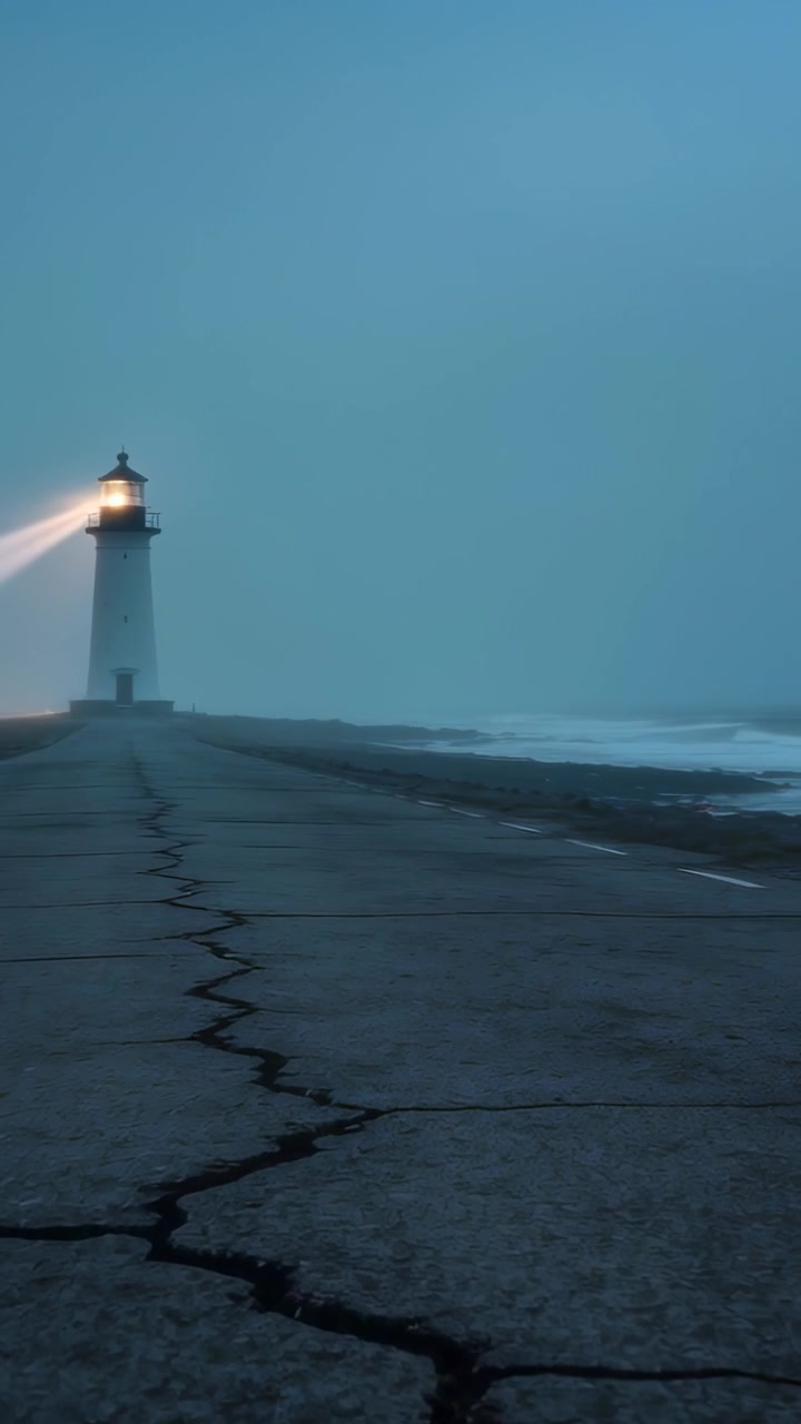 Video verticale: Lampada che attiva il faro, con un raggio che spazza nella nebbia del crepuscolo, guidando le navi oltre il molo.