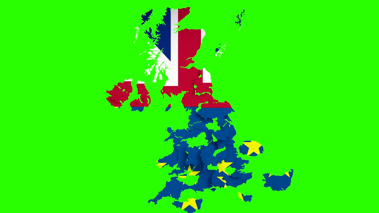 브렉시트 (brexit) - 유럽연합 (eu) 발의 절반이 파란색이고, 영국 (uk) 배의 절반은 파란색이다. - 영국 지도의 퍼즐 조각들이 크로마 키 (chroma key) 에 떨어지며, 녹색 화면 배경에서 영국이 탈퇴하는 개념에 찬성한다.