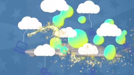 animation of shooting star over keyboard and digital clouds with electronic devices