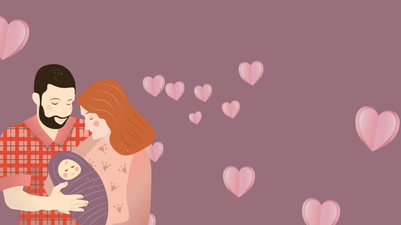 Animación de padres caucásicos con bebé sobre fondo rosa con corazones