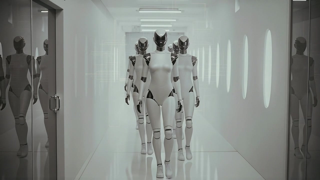 Tre robot eleganti marciano in formazione lungo il corridoio di un laboratorio mentre le inquadrature avanzano, con il vetro per la sorveglianza.
