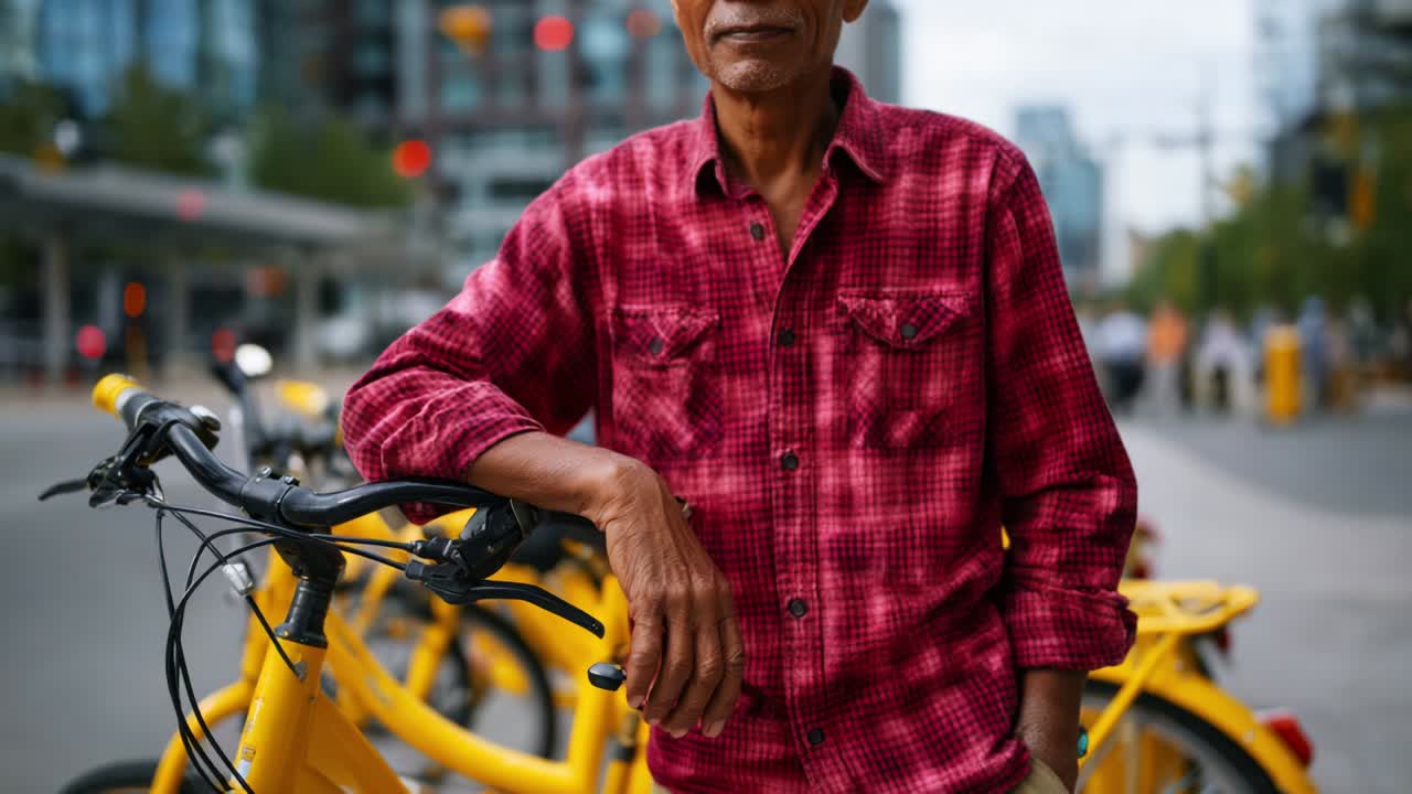 An elderly man stands confidently beside a yellow bicycle against a backdrop of a bustling urban environment, showcasing the charm and character of city life with vibrant colors and lively ambiance