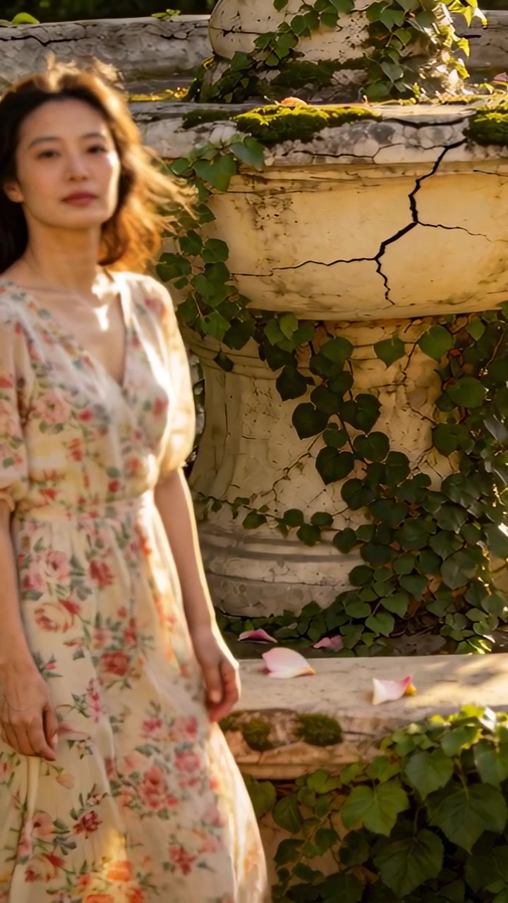 Vídeo vertical: Mulher entrando pela esquerda, caminhando em direção à câmera no jardim, perto de um vaso rachado, usando vestido floral.
