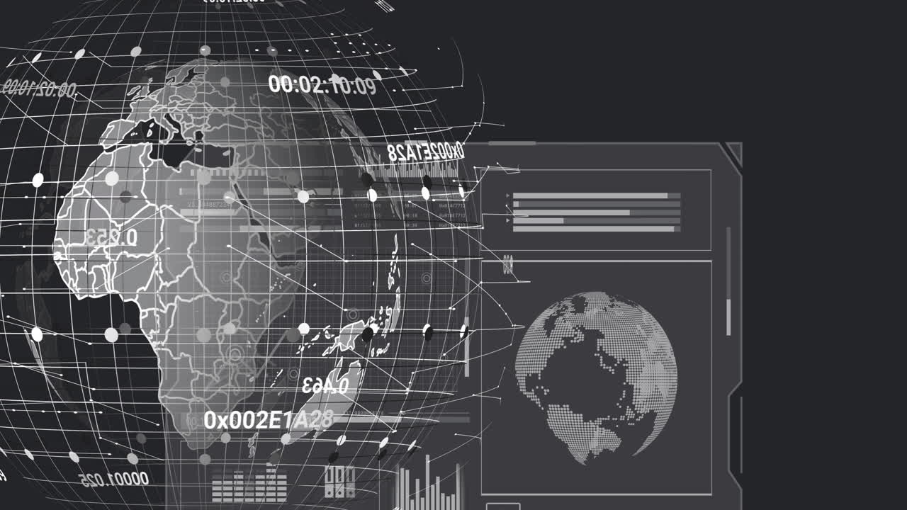 Digital world map and data processing animation over globe and charts