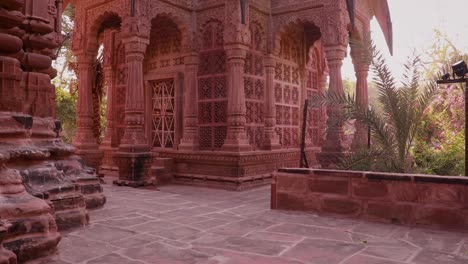 ancient-hindu-temple-architecture-with-bright-blue-sky-from-unique-angle-at-day-shot-taken-at-mandore-garden-jodhpur-rajasthan-india