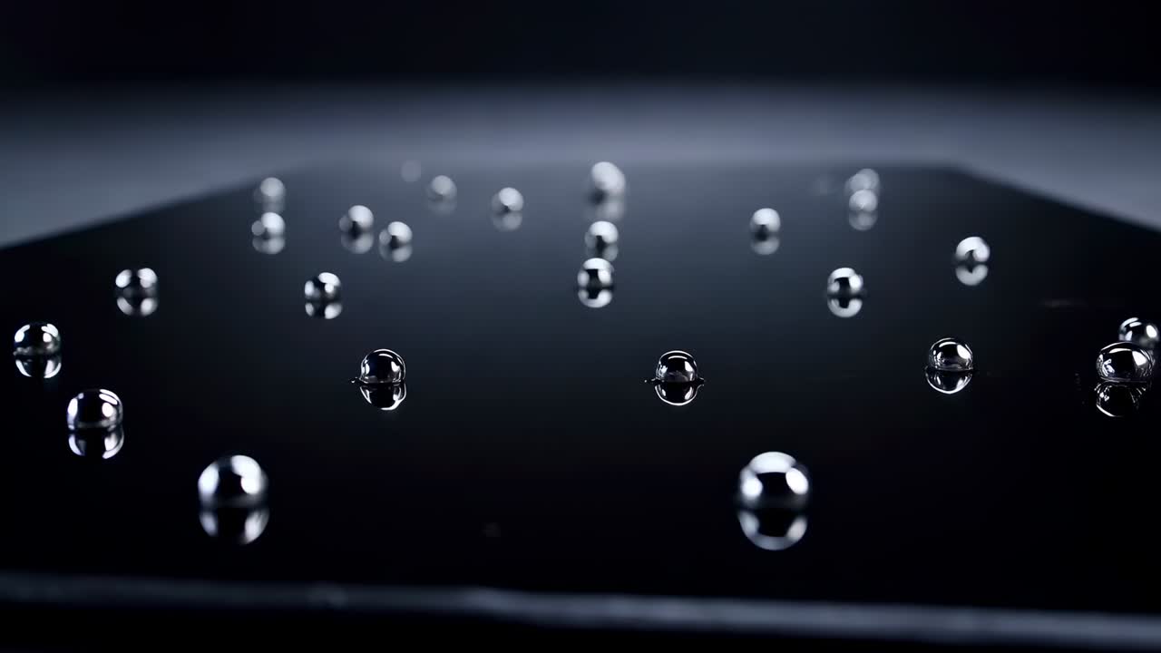 Gocce di metallo che si formano mentre appaiono flussi, fondendosi in lettere su un piano lucido in studio che compongono la parola LOVE
