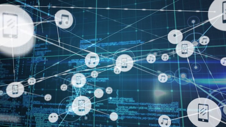 Animation of data processing and icons over blue background