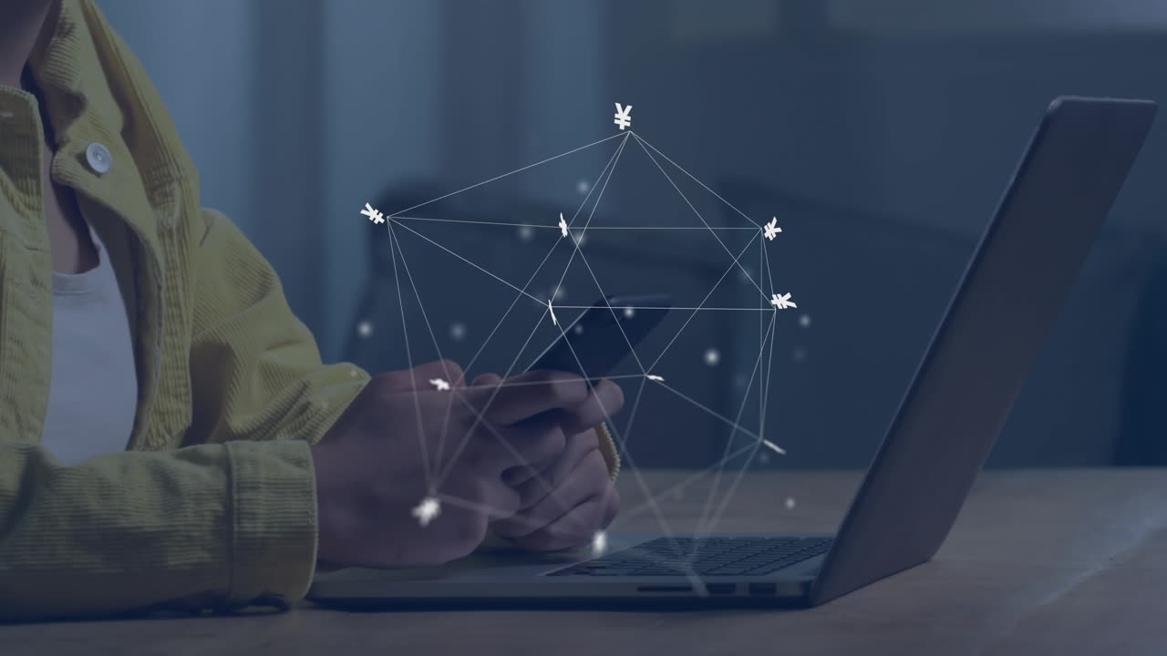 Animation of currency signs, network and data processing over caucasian woman using smartphone