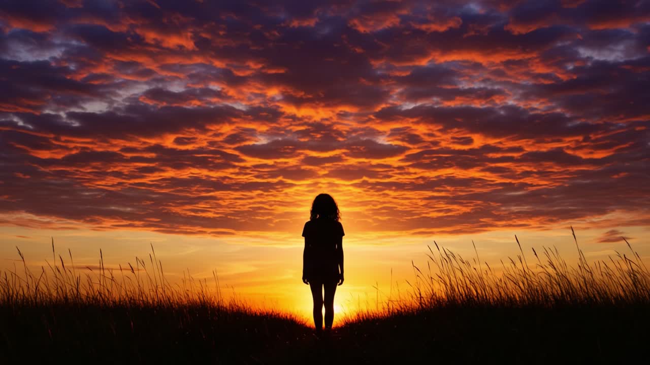 A Silhouette in Serenity: A Young Figure Standing Against a Breathtaking Sunset Landscape, Capturing the Beauty of Nature and the Essence of Tranquility Amidst Majestic Clouds