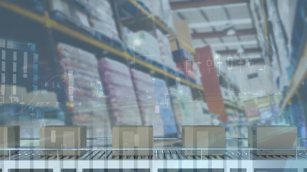 Animazione di elaborazione statistiche su scatole di cartone su nastro trasportatore